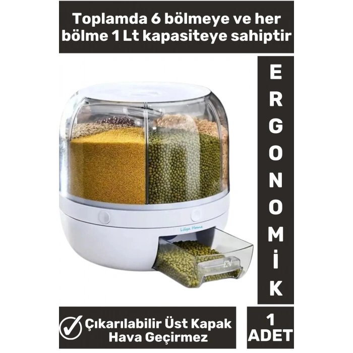 Yüksek Kaliteli Ergonomik Pratik 360° Döner 6 X 1 Lt Kapasiteli Mutfak Kuru Gıda Bakliyat Organizeri