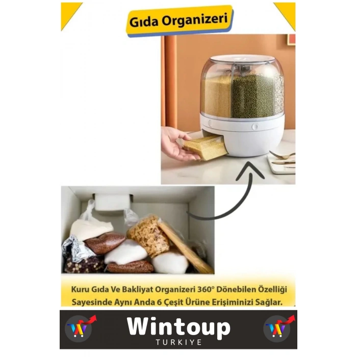 Yüksek Kaliteli Ergonomik Pratik 360° Döner 6 X 1 Lt Kapasiteli Mutfak Kuru Gıda Bakliyat Organizeri