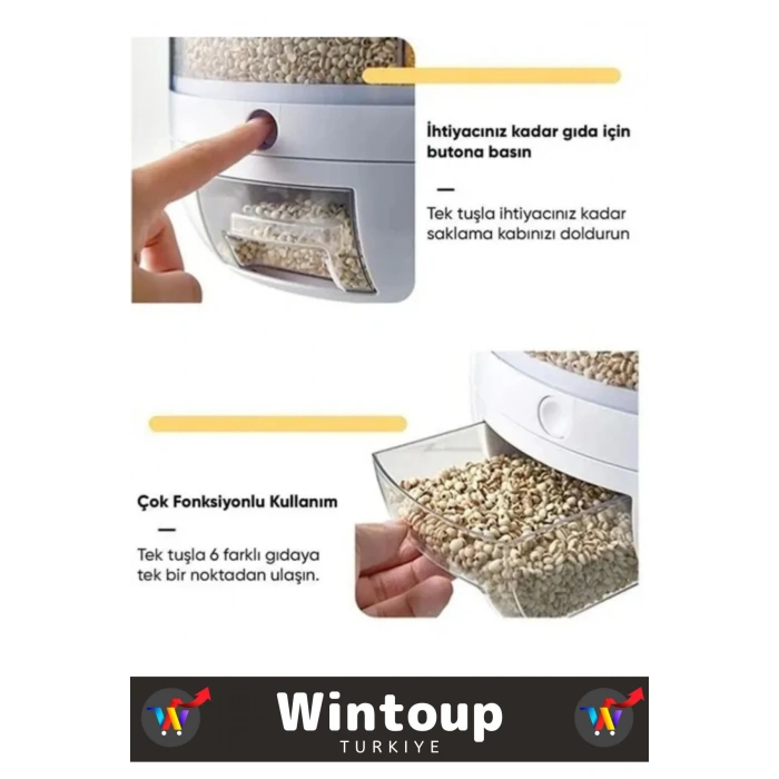 Yüksek Kaliteli Ergonomik Pratik 360° Döner 6 X 1 Lt Kapasiteli Mutfak Kuru Gıda Bakliyat Organizeri