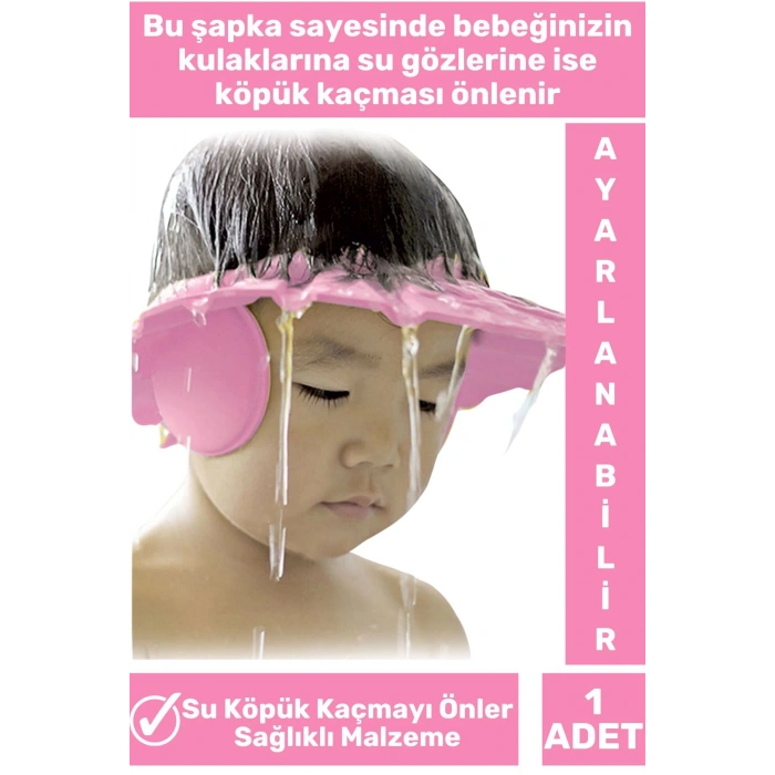 Premium Sağlıklı Malzeme Su Köpük Kaçmaz Ayarlanabilir Düğmeli Kulaklıklı Pembe Bebek Banyo Şapkası