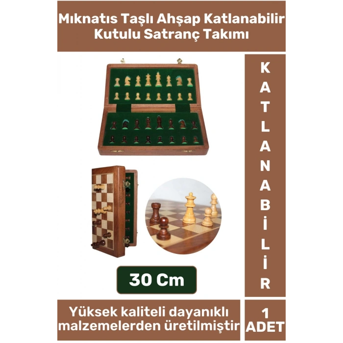 Premium Yüksek Kaliteli Mıknatıs Taşlı Ahşap Katlanabilir Kutulu Satranç Takımı 30 Cm