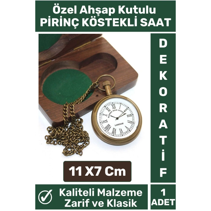 Özel Model Ahşap Kutulu Klasik Vintage Dekoratif Erkek Arkadaşa Hediyelik Pirinç Köstekli Saat