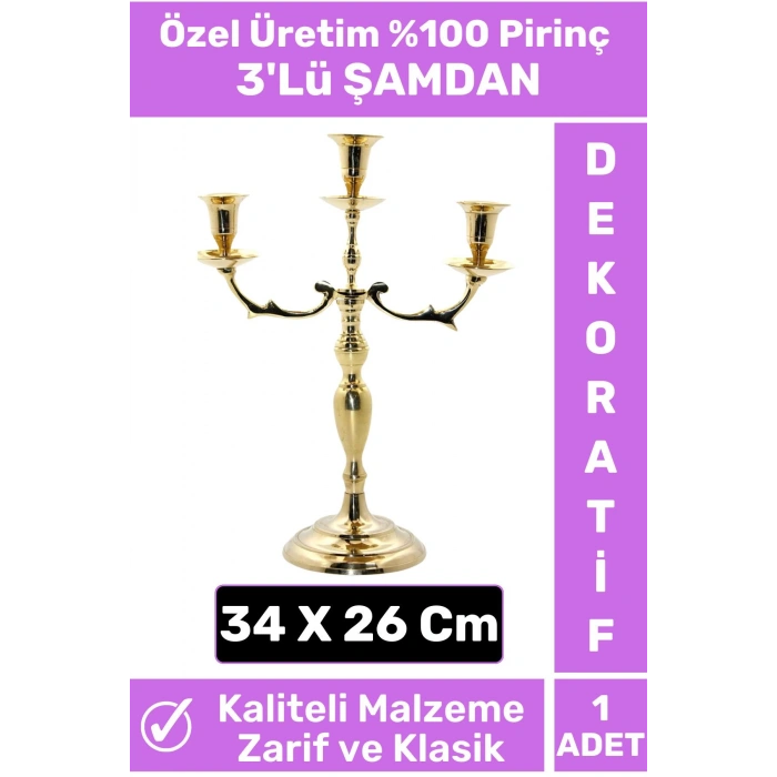 Premium Yüksek Kaliteli Dekoratif Şık Tasarım Hediyelik Biblo Mumluk %100 Pirinç 3lü ŞAMDAN