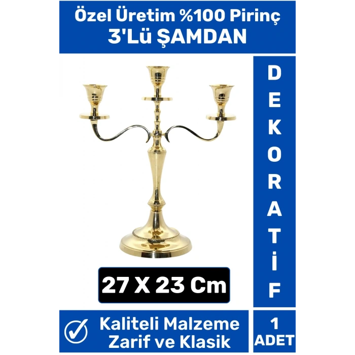 Premium Yüksek Kaliteli Dekoratif Şık Tasarım Hediyelik Biblo Mumluk %100 Pirinç 3lü ŞAMDAN