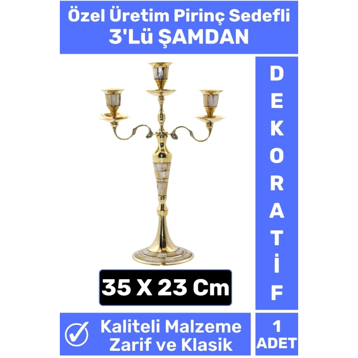 Özel Seri Yüksek Kaliteli Dekoratif Şık Tasarım Hediyelik Biblo Mumluk Pirinç Sedefli 3lü ŞAMDAN