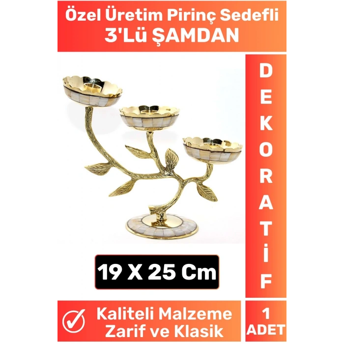 Özel Seri Kaliteli Dayanıklı Dekoratif Şık Tasarım Hediyelik Biblo Mumluk Pirinç Sedefli 3lü ŞAMDAN