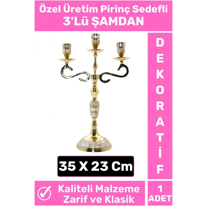 Yeni Seri Yüksek Kaliteli Dekoratif Şık Tasarım Hediyelik Biblo Mumluk Pirinç Sedefli 3lü ŞAMDAN