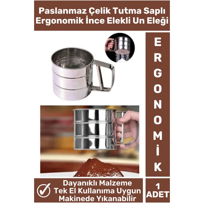 Özel Paslanmaz Çelik Tek Ele Uygun Tutma Kolu Pasta Hamur Baharat İnce Elekli Büyük Hazneli Un Eleği