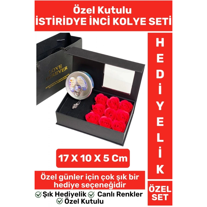 Premium Seri Anne Arkadaş Sevgiliye Hediye Kırmızı Güllü Özel Kutulu İSTİRİDYE İNCİ KOLYE SETİ