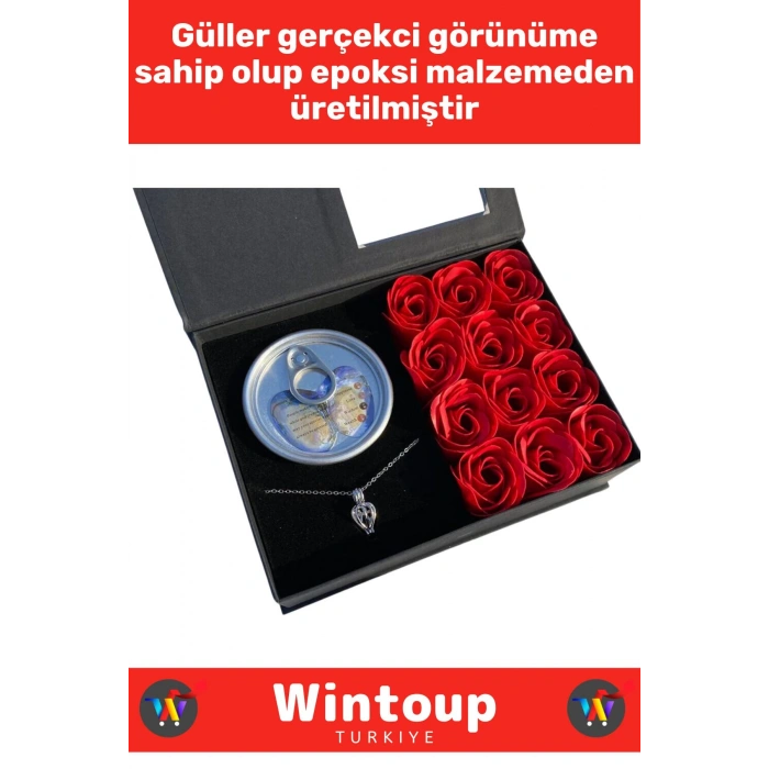 Premium Seri Anne Arkadaş Sevgiliye Hediye Kırmızı Güllü Özel Kutulu İSTİRİDYE İNCİ KOLYE SETİ