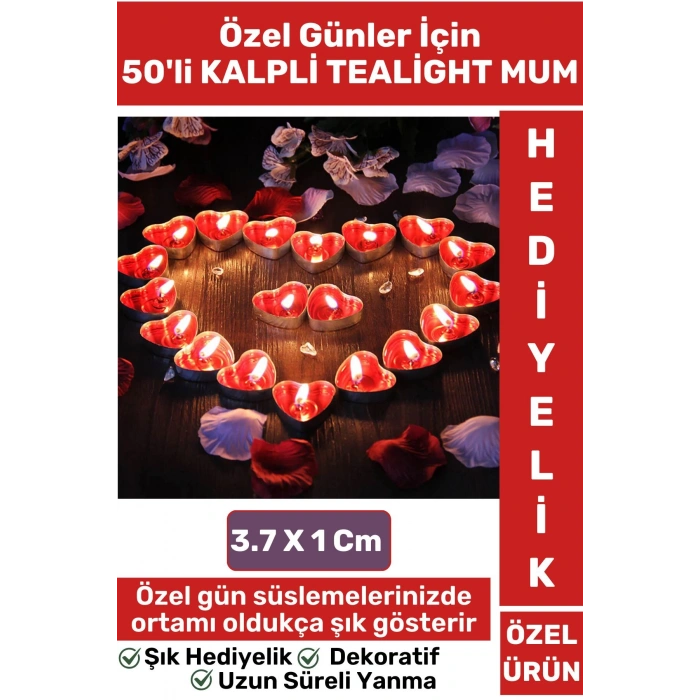 Premium Şık Dekoratif Ambians Sevgililer Günü Özel Gün Süslemesi 50 Adet KIRMIZI KALPLİ TEALIGHT MUM