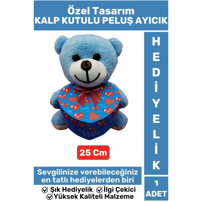 Özel Tasarım Kız Arkadaş Sevgiliye Hediyelik Sevgililer Günü Özel Gün KALP KUTULU Mavi PELUŞ AYICIK