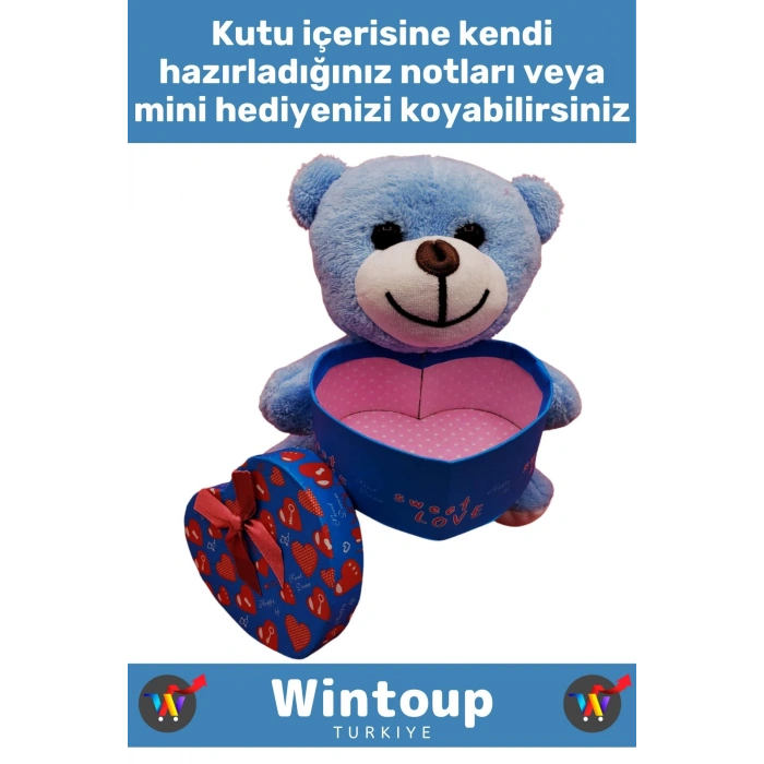 Özel Tasarım Kız Arkadaş Sevgiliye Hediyelik Sevgililer Günü Özel Gün KALP KUTULU Mavi PELUŞ AYICIK