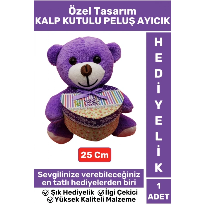 Özel Tasarım Kız Arkadaş Sevgiliye Hediyelik Sevgililer Günü Özel Gün KALP KUTULU Mor PELUŞ AYICIK