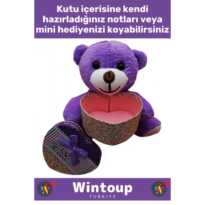 Özel Tasarım Kız Arkadaş Sevgiliye Hediyelik Sevgililer Günü Özel Gün KALP KUTULU Mor PELUŞ AYICIK