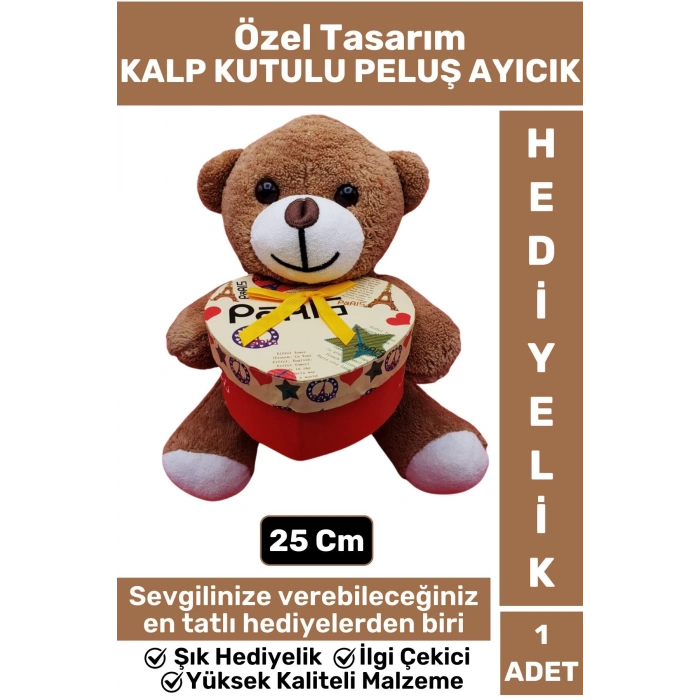 Özel Kız Arkadaş Sevgiliye Hediyelik Sevgililer Günü Özel Gün KALP KUTULU Kahverengi PELUŞ AYICIK