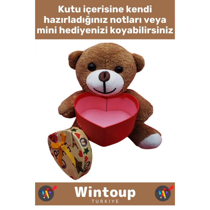 Özel Kız Arkadaş Sevgiliye Hediyelik Sevgililer Günü Özel Gün KALP KUTULU Kahverengi PELUŞ AYICIK