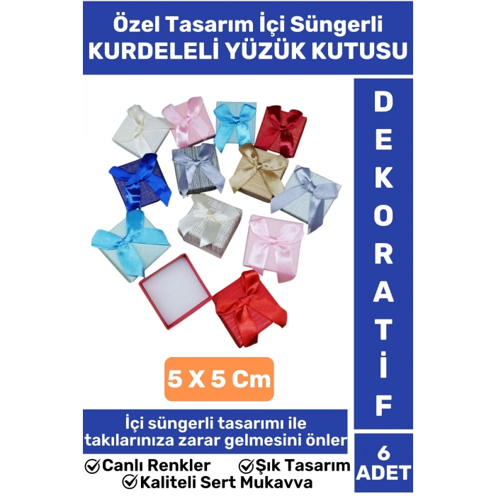 Özel Seri Yüksek Kaliteli Sert Mukavva Özel Gün Sevgili Anne Baba KURDELELİ YÜZÜK TAKI KUTUSU 6 Adet