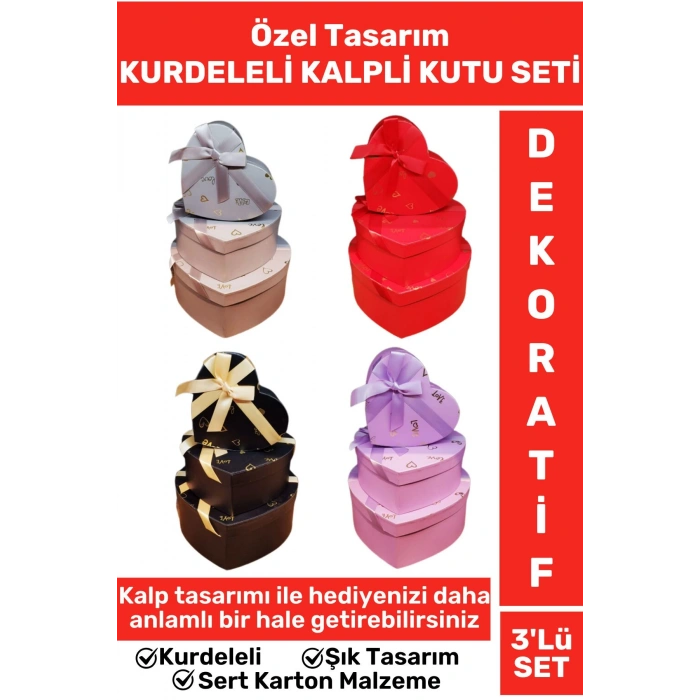 Premium Özel Gün Doğum Günü Hediyelik Sevgililer Günü Hediye Kutusu 3lü KURDELELİ KALPLİ KUTU SETİ
