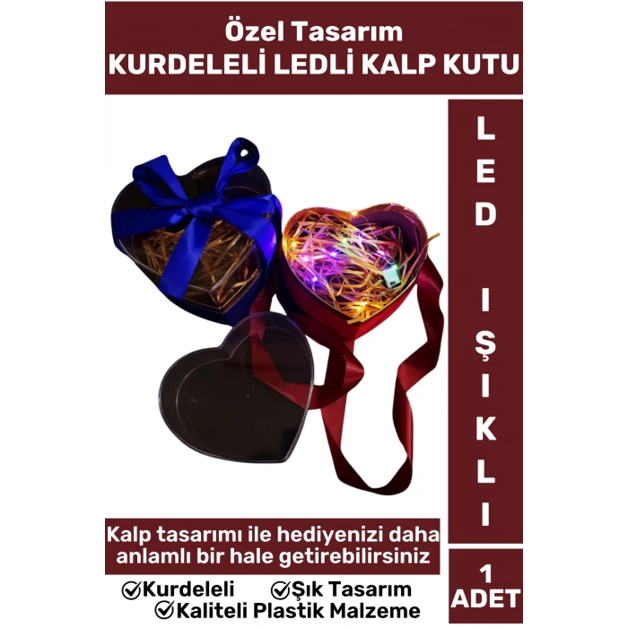 Premium Özel Gün Doğum Günü Hediyelik Sevgililer Günü Hediye Kutusu LED IŞIKLI KURDELELİ KALP KUTU