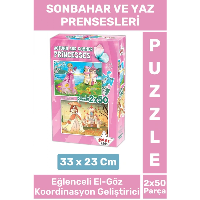 Eğlenceli El Göz Koordinasyon Beceri Geliştirici Çocuk 2X50 Parça PUZZLE SONBAHAR VE YAZ PRENSESLERİ
