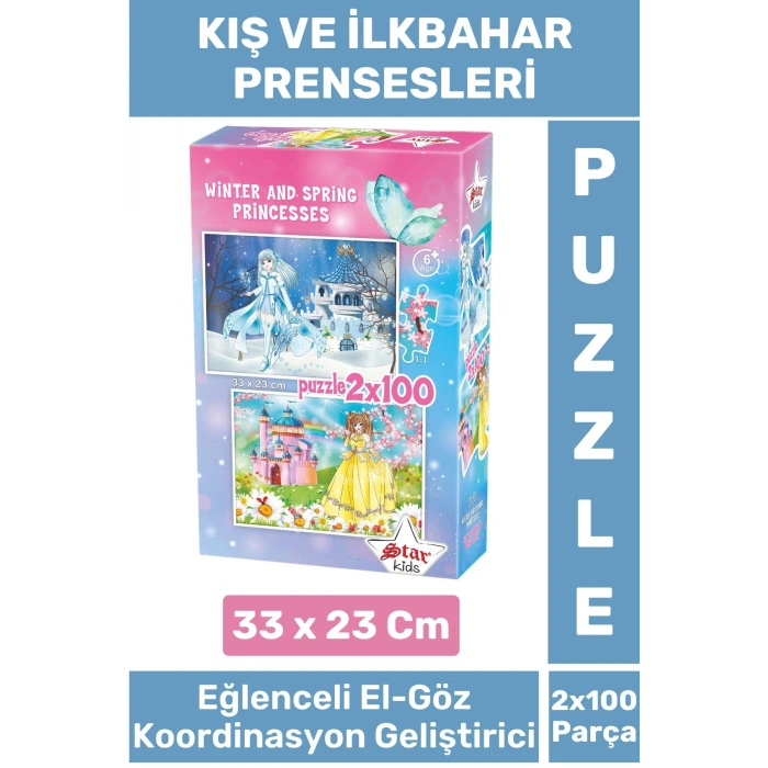 Eğlenceli El Göz Koordinasyon Beceri Geliştirici Çocuk 2x100 PUZZLE KIŞ VE İLKBAHAR PRENSESLERİ