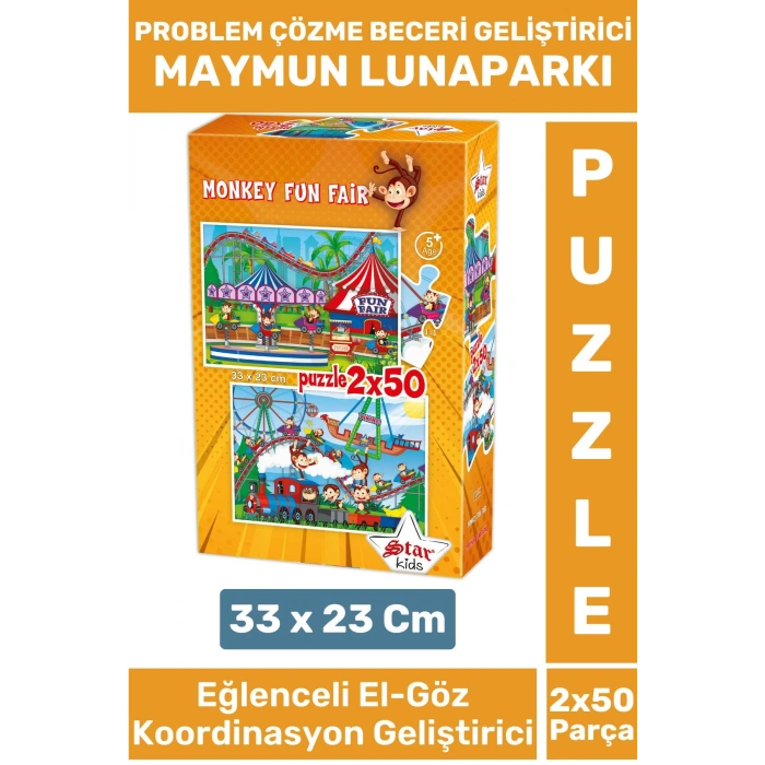 Premium Eğlenceli El Göz Koordinasyon Beceri Geliştirici Çocuk 2X50 Parça PUZZLE MAYMUN LUNAPARKI