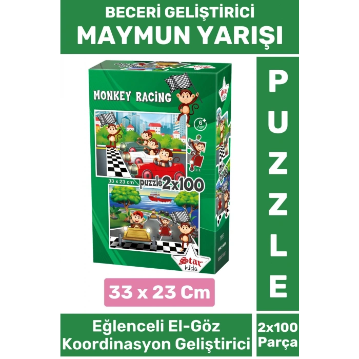 Premium Seri Eğlenceli El Göz Koordinasyon Beceri Geliştirici Çocuk 2x100 PUZZLE MAYMUN YARIŞI