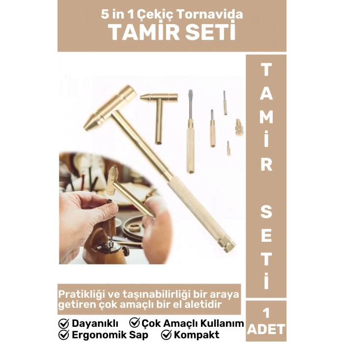 Premium Kompakt Hafif Pratik Tamirat Ev Banyo Bahçe 5 in 1 Çok Amaçlı Çekiç Tornavida Tamir Seti