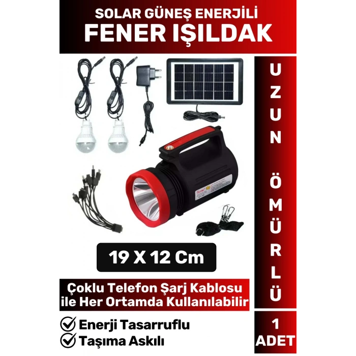 Premium Uzun Ömürlü Kamp Avcı Deprem Solar Güneş Enerjili Şarjlı Beyaz Işık Fener Işıldak