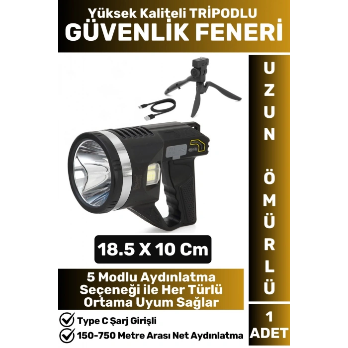 Premium Uzun Ömürlü Kamp Avcı Deprem Uzun Menzilli Şarjlı Beyaz Işık Tripodlu Güvenlik El Feneri