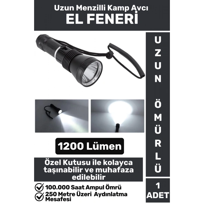 Premium Seri Uzun Ömürlü Kamp Avcı Deprem Uzun Menzilli Şarjlı Beyaz Işık 1200 Lümen El Feneri