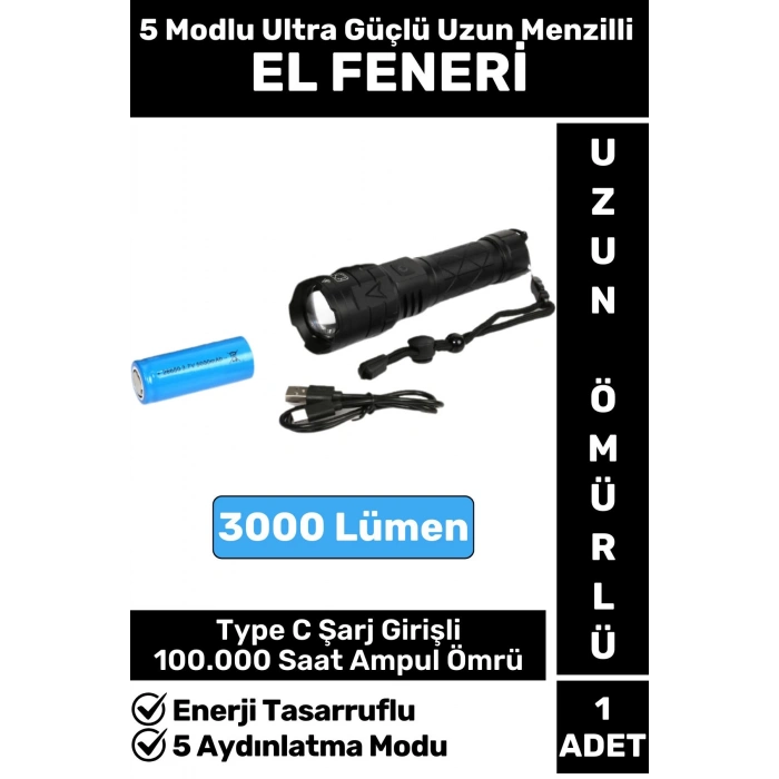 Premium Seri Uzun Ömürlü Kamp Avcı Deprem 5 Modlu Şarjlı Beyaz Işık 3000 Lümen El Feneri