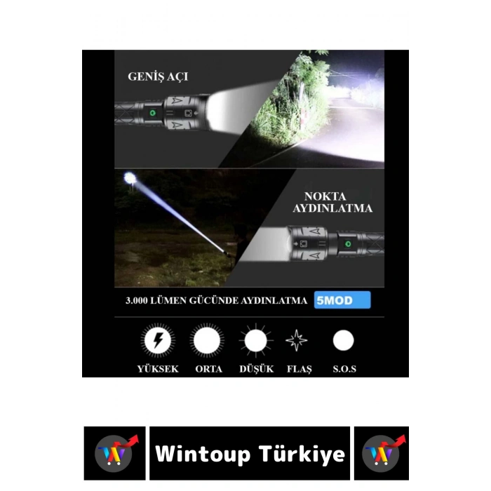 Premium Seri Uzun Ömürlü Kamp Avcı Deprem 5 Modlu Şarjlı Beyaz Işık 3000 Lümen El Feneri