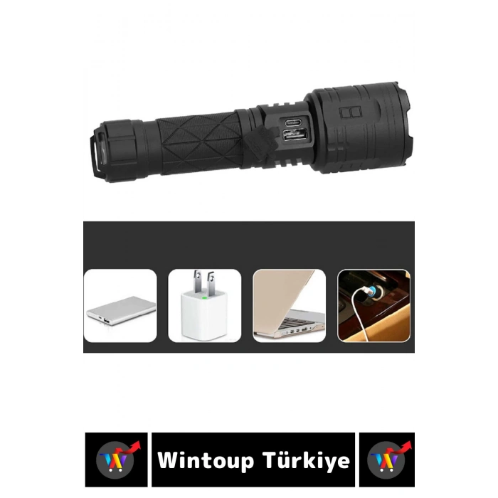 Premium Seri Uzun Ömürlü Kamp Avcı Deprem 5 Modlu Şarjlı Beyaz Işık 3000 Lümen El Feneri