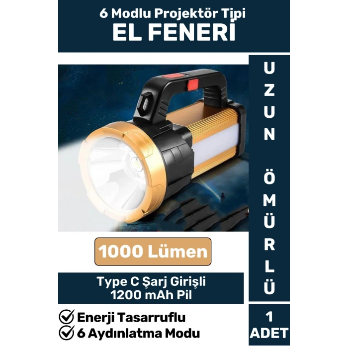 Premium Seri Uzun Ömürlü Kamp Avcı Deprem 6 Modlu Şarjlı Beyaz Işık 1000 Lümen El Feneri
