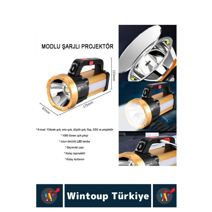 Premium Seri Uzun Ömürlü Kamp Avcı Deprem 6 Modlu Şarjlı Beyaz Işık 1000 Lümen El Feneri