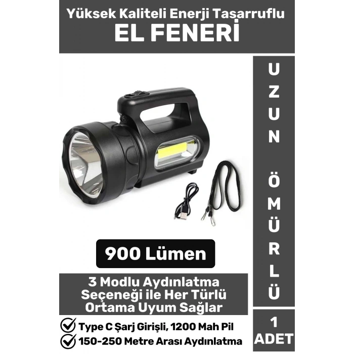 Premium Seri Uzun Ömürlü Kamp Avcı Deprem 3 Aydınlatma Modlu Şarjlı Beyaz Işık 900 Lümen El Feneri