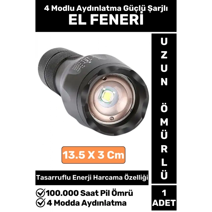 Kompakt Kamp Avcı Balıkçı Deprem Enerji Tasarruflu 4 Modlu Zoomlu Güçlü Beyaz Işık Şarjlı EL FENERİ