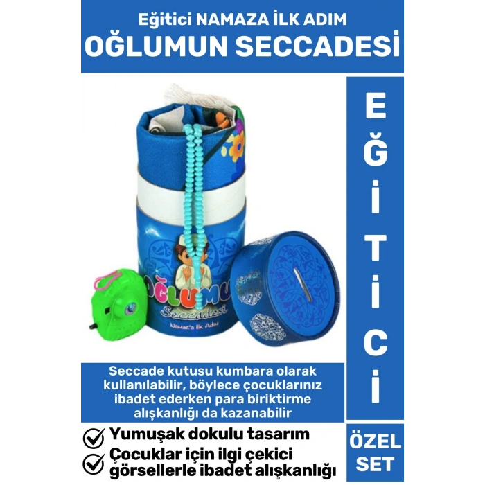 Çocuk İbadet Eğitici 3 Parça Seccade Tesbih Kumbara Tasarım Namaza İlk Adım OĞLUMUN SECCADESİ
