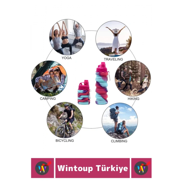 Premium Portatif BPA Free Şık Kamp Spor Seyahat Silikon Katlanabilir SULUK 500 ML