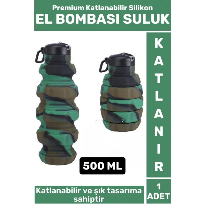 Premium Portatif BPA Free Şık Kamp Spor Seyahat Silikon Katlanabilir EL BOMBASI SULUK 500 ML