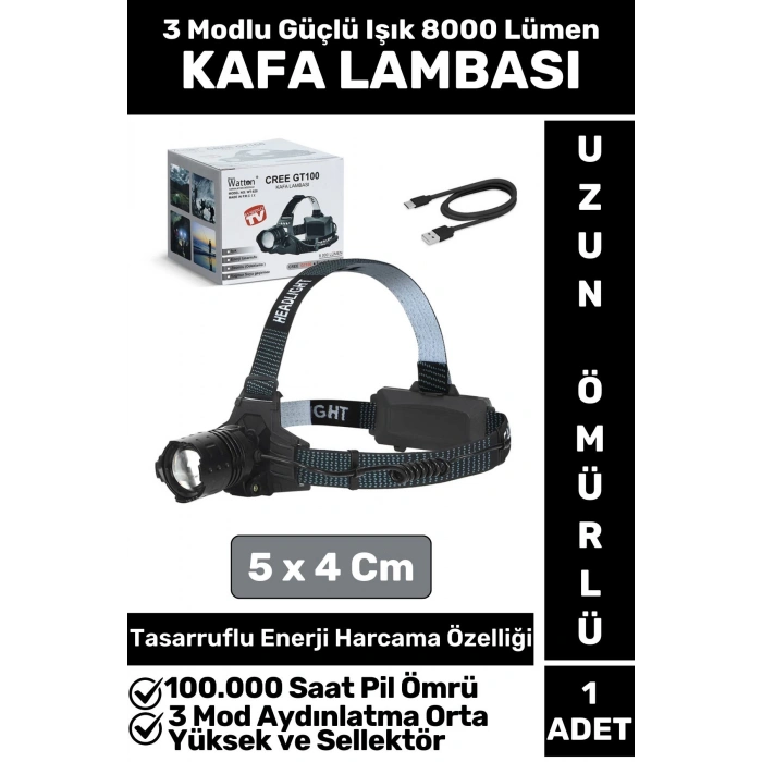 Profesyonel Kamp Avcı Balıkçı Deprem Yüksek Mesafeli 3 Modlu 8000 Lümen Güçlü Işık KAFA LAMBASI