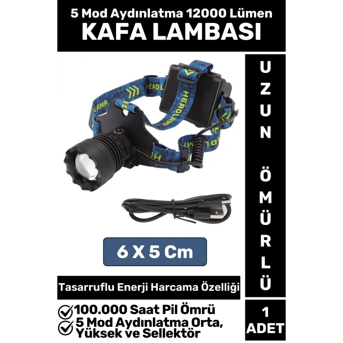 Profesyonel Kamp Avcı Balıkçı Deprem 5 Mod Aydınlatma 12000 Lümen Güçlü Işık KAFA LAMBASI