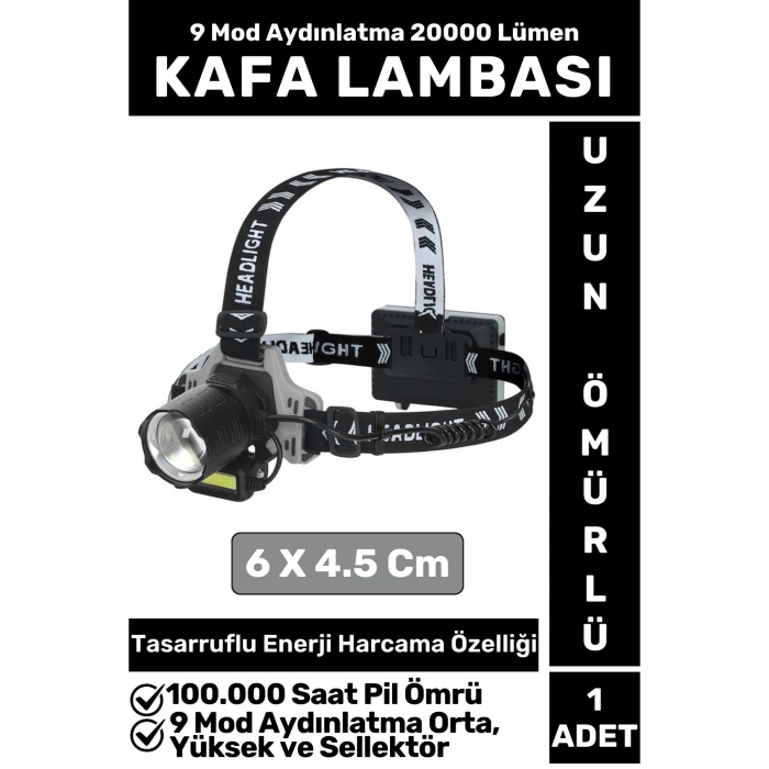 Profesyonel Kamp Avcı Balıkçı Deprem 9 Mod Aydınlatma 20000 Lümen Güçlü Işık KAFA LAMBASI