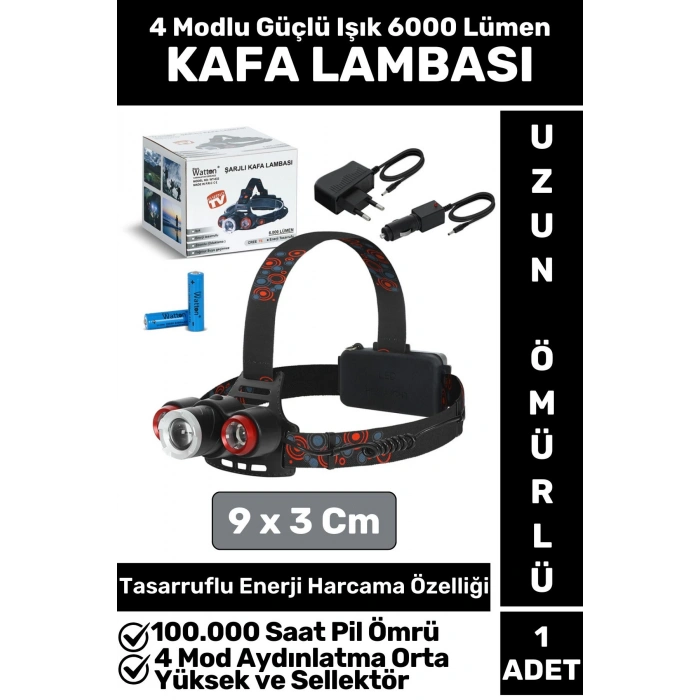 Profesyonel Kamp Avcı Balıkçı Deprem Güçlü Işık 4 Mod Aydınlatma Şarjlı 6000 Lümen KAFA LAMBASI