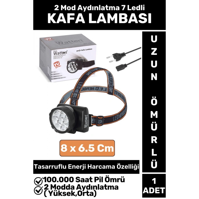 Profesyonel Kamp Avcı Balıkçı Deprem Güçlü Işık 2 Mod Aydınlatma Şarjlı 7 LEDli KAFA LAMBASI