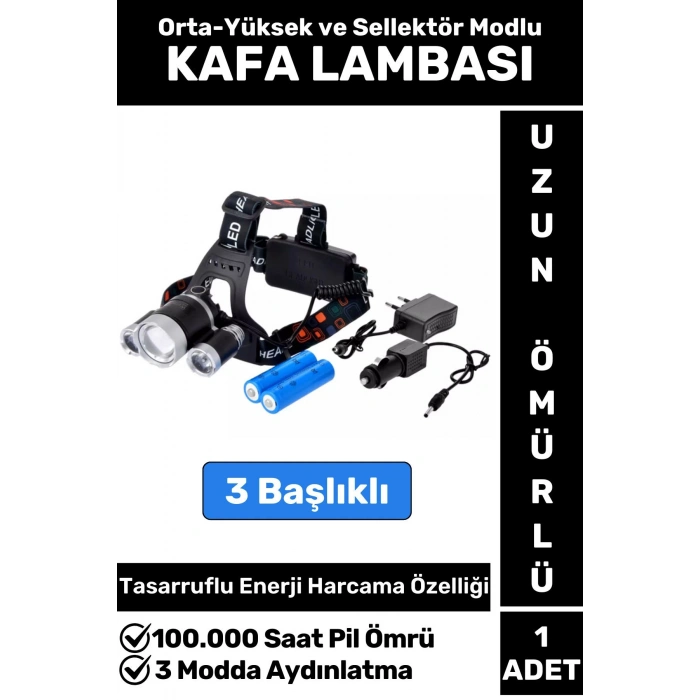 Profesyonel Kamp Avcı Balıkçı Deprem Güçlü Işık 3 Modlu Şarjlı 3 Başlıklı KAFA LAMBASI
