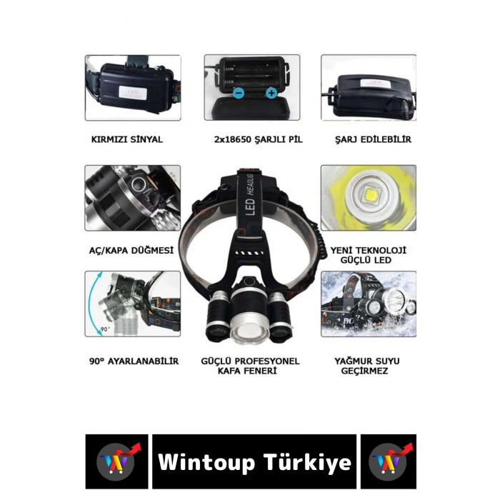 Profesyonel Kamp Avcı Balıkçı Deprem Güçlü Işık 3 Modlu Şarjlı 3 Başlıklı KAFA LAMBASI