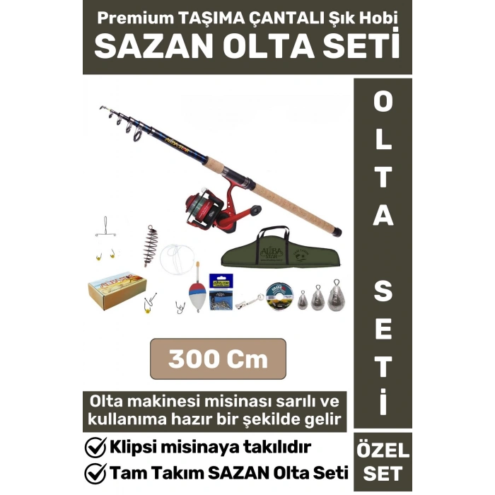 Premium Kullanıma Hazır Şık Taşıma Çantası Hediyeli Balıkçı Hobi Tam Takım SAZAN OLTA SETİ 300 Cm